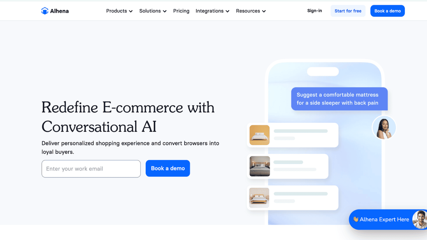Alhena AI shopping assistant recommending mattresses to a shopper on the Alhena homepage