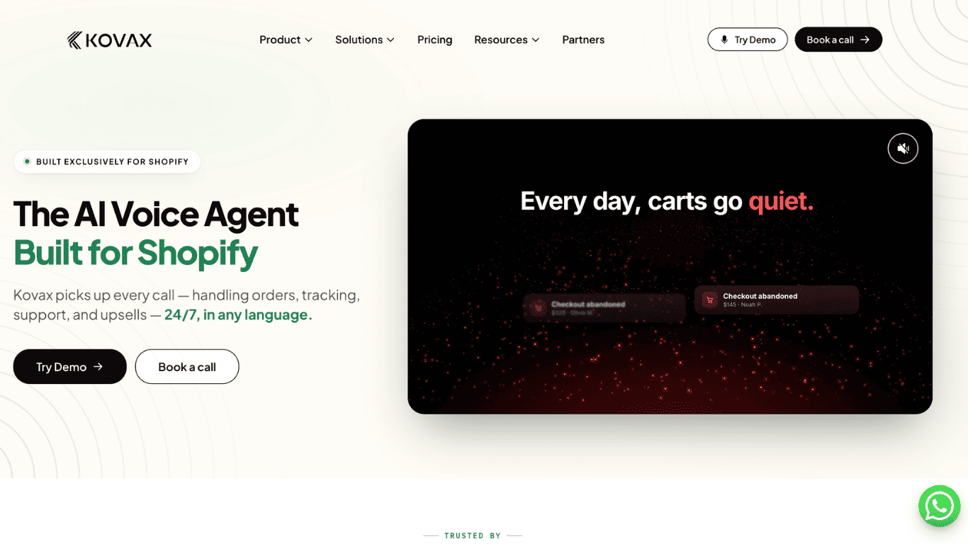 Kovax AI shopping assistant homepage showing its AI voice agent built for Shopify