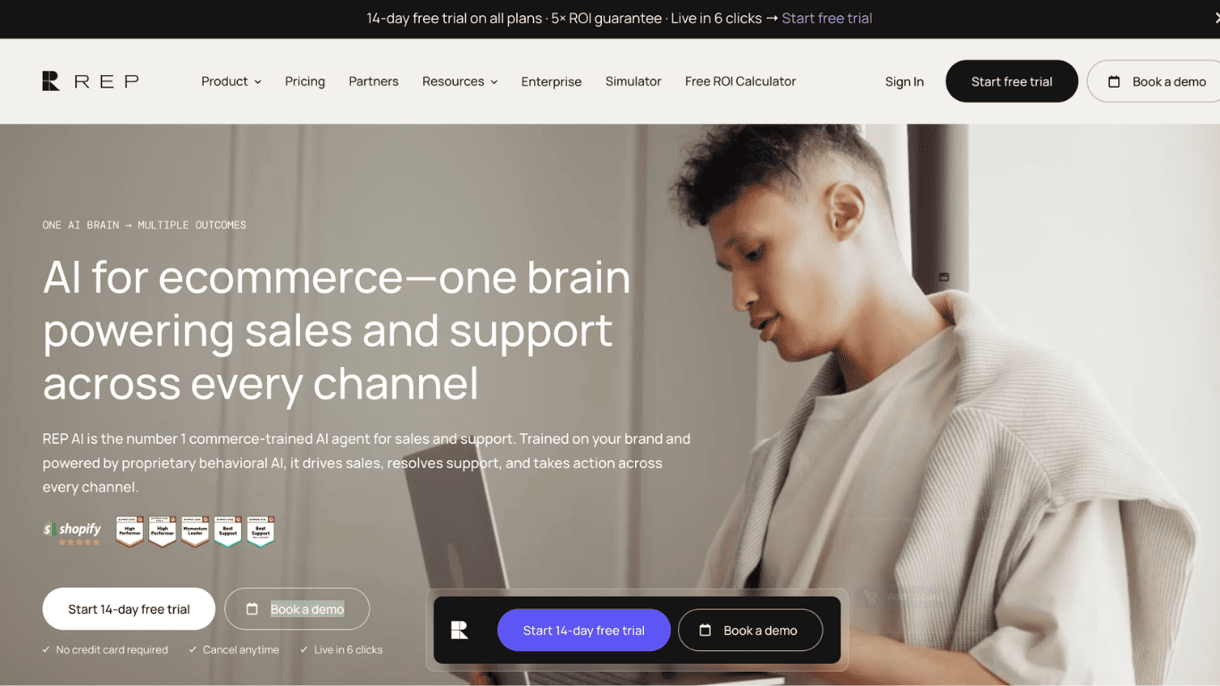 Rep AI homepage presenting its AI shopping assistant for sales and support across every channel