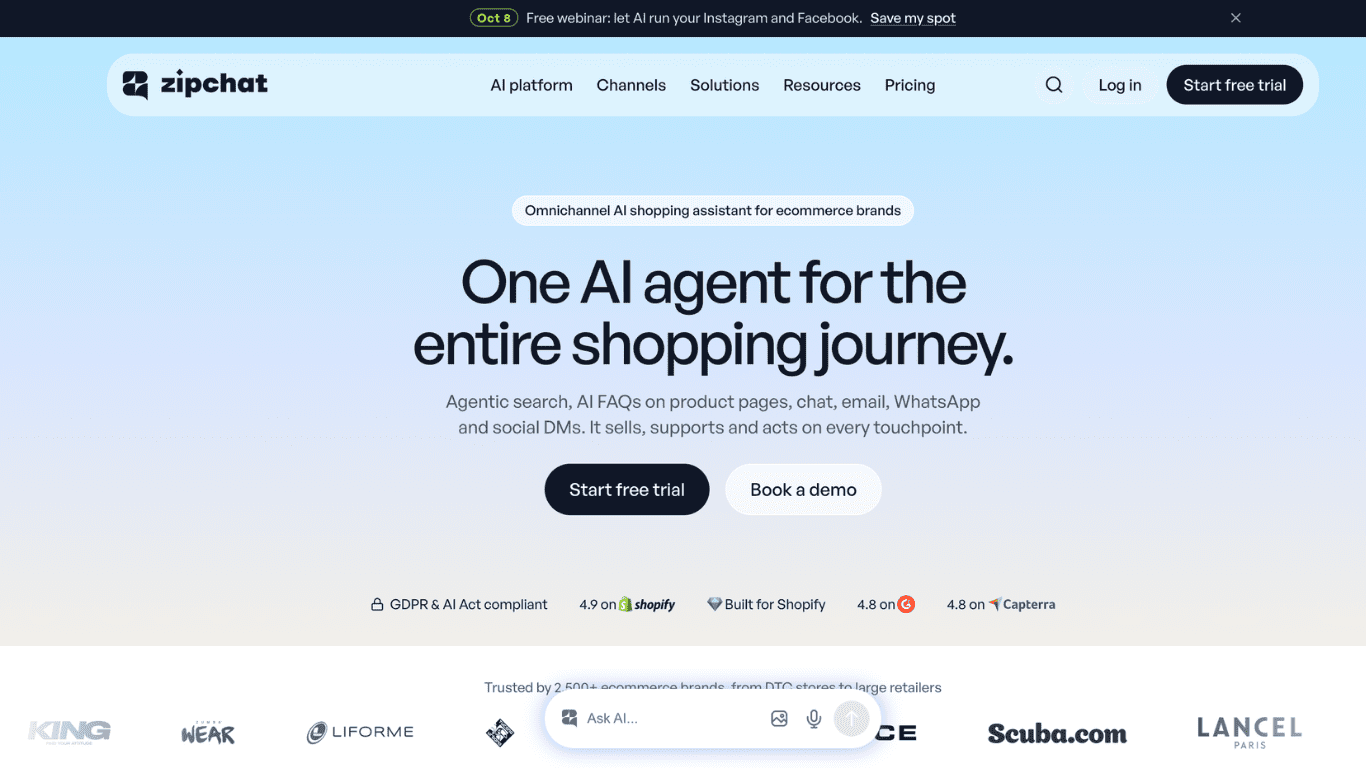 Zipchat homepage describing its omnichannel AI shopping assistant for ecommerce brands