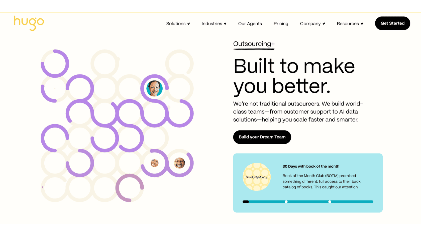 Hugo homepage, outsourced customer support teams