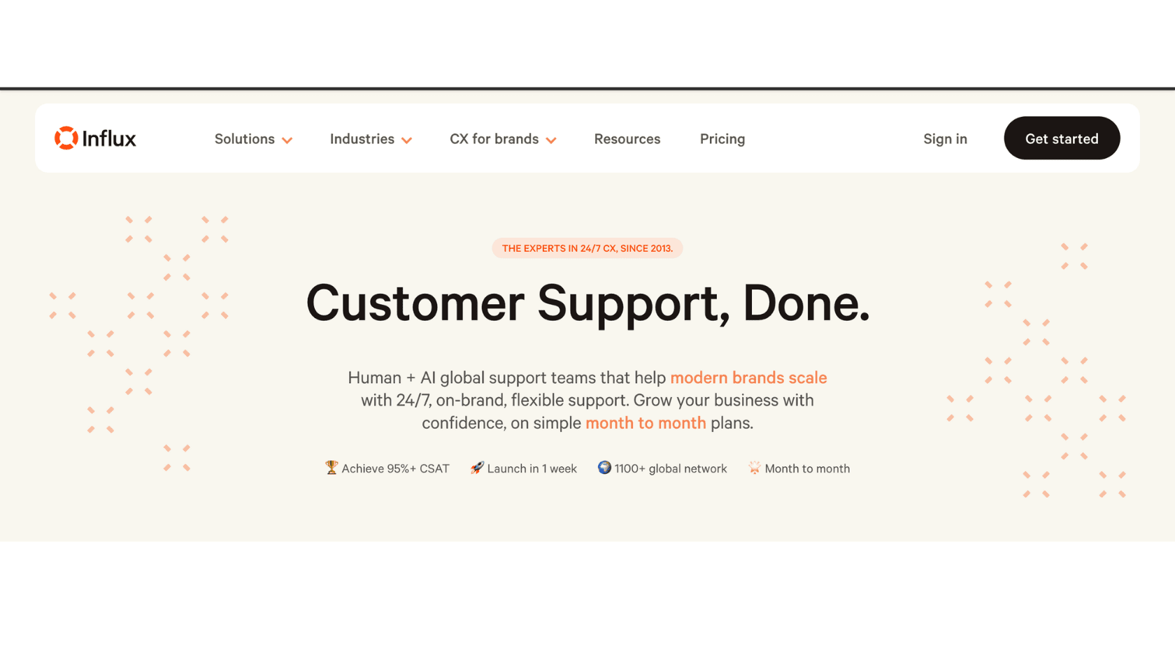 Influx homepage, 24/7 human and AI customer support
