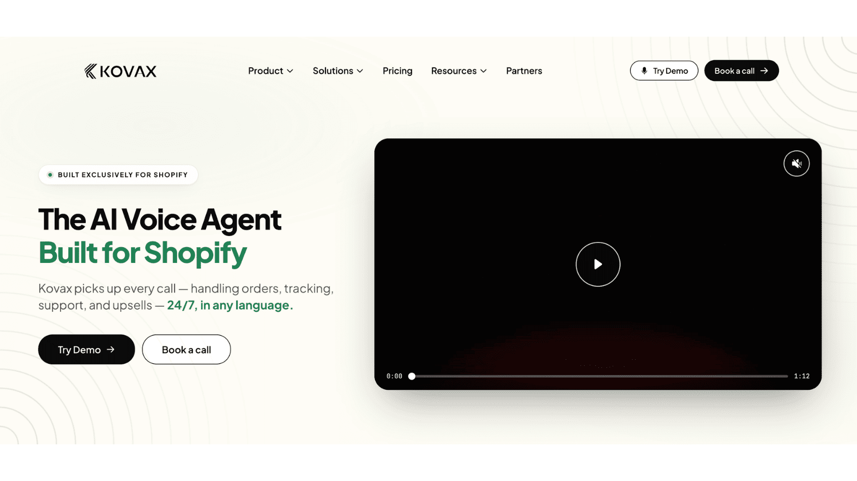 Kovax.ai homepage, AI voice agent built for Shopify