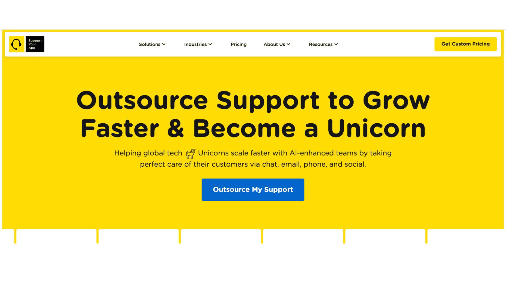 SupportYourApp homepage, outsourced AI-enhanced support