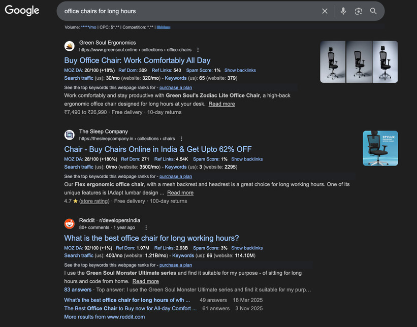 Office chairs category page example