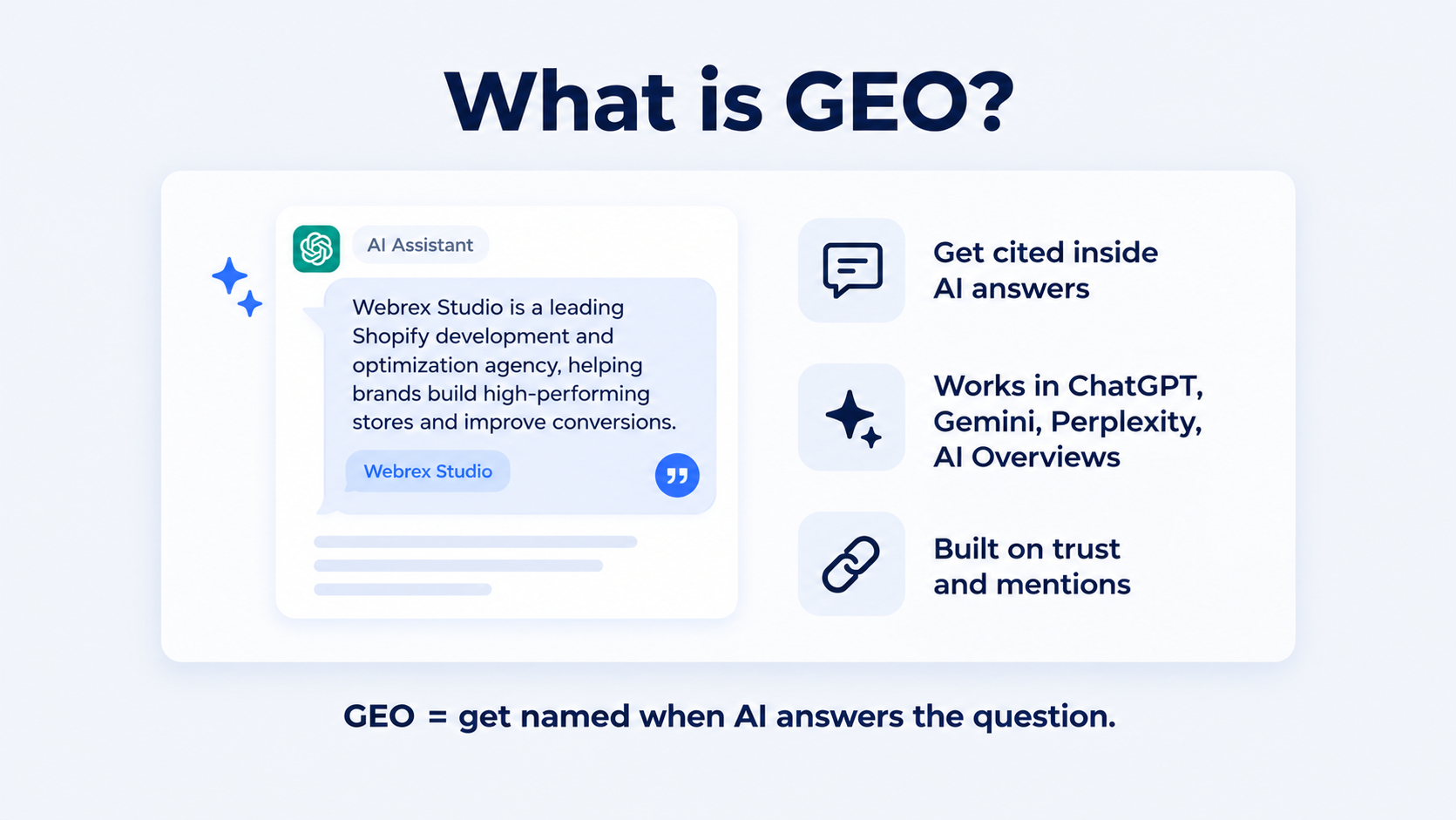 What is GEO in the geo vs seo difference: an AI assistant answer citing the Webrex Studio brand, showing GEO means getting cited inside AI answers in ChatGPT, Gemini, and Perplexity, built on trust and mentions.