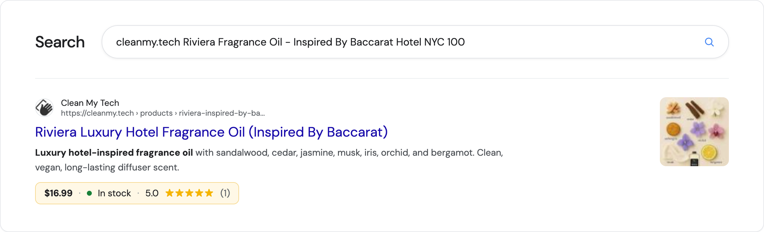 Riviera Luxury Hotel Fragrance Oil shown in Google Search with price, in-stock status, and a 5.0-star rating