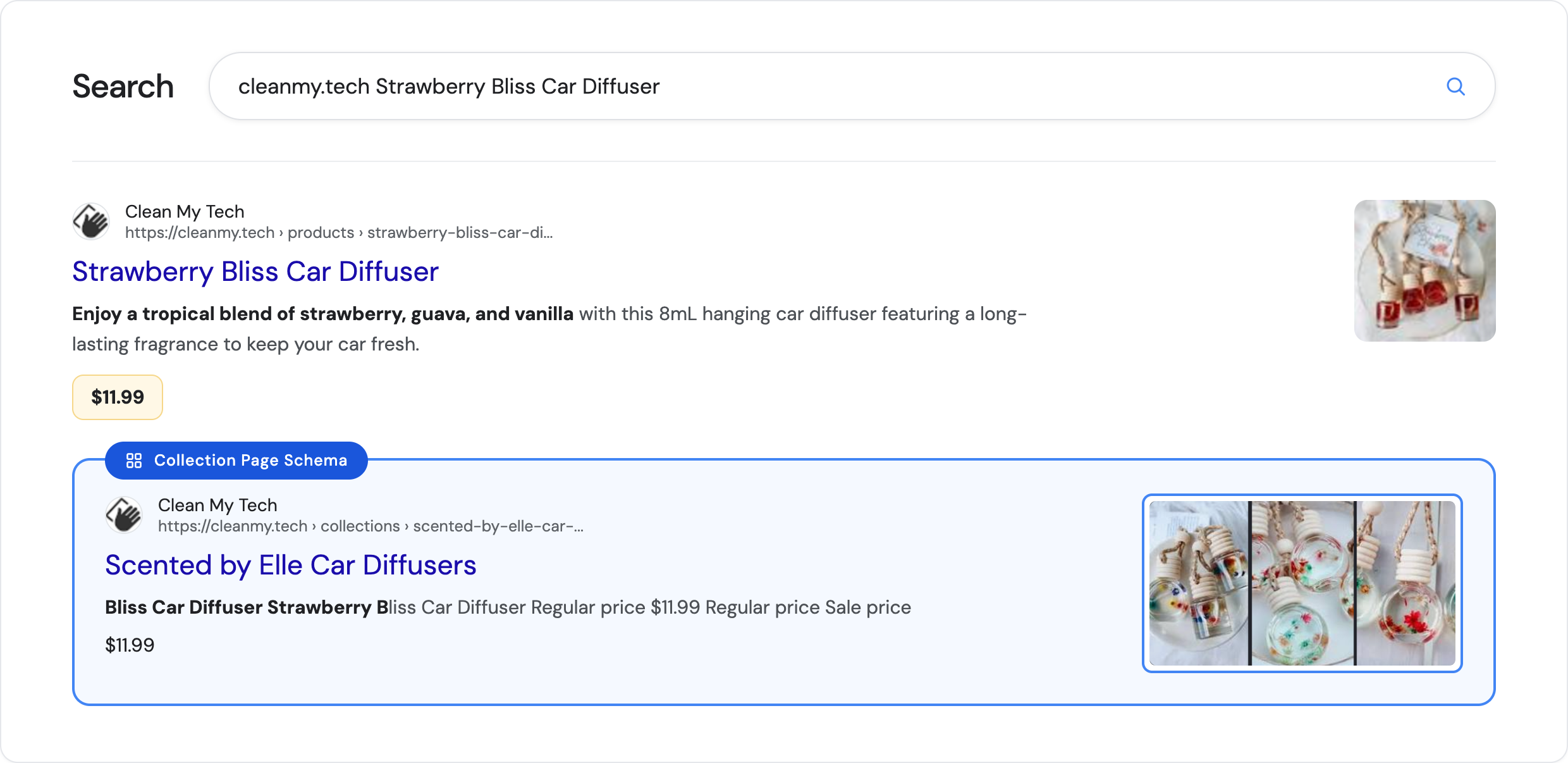 Clean My Tech collection page appearing as a rich result in Google Search with structured data