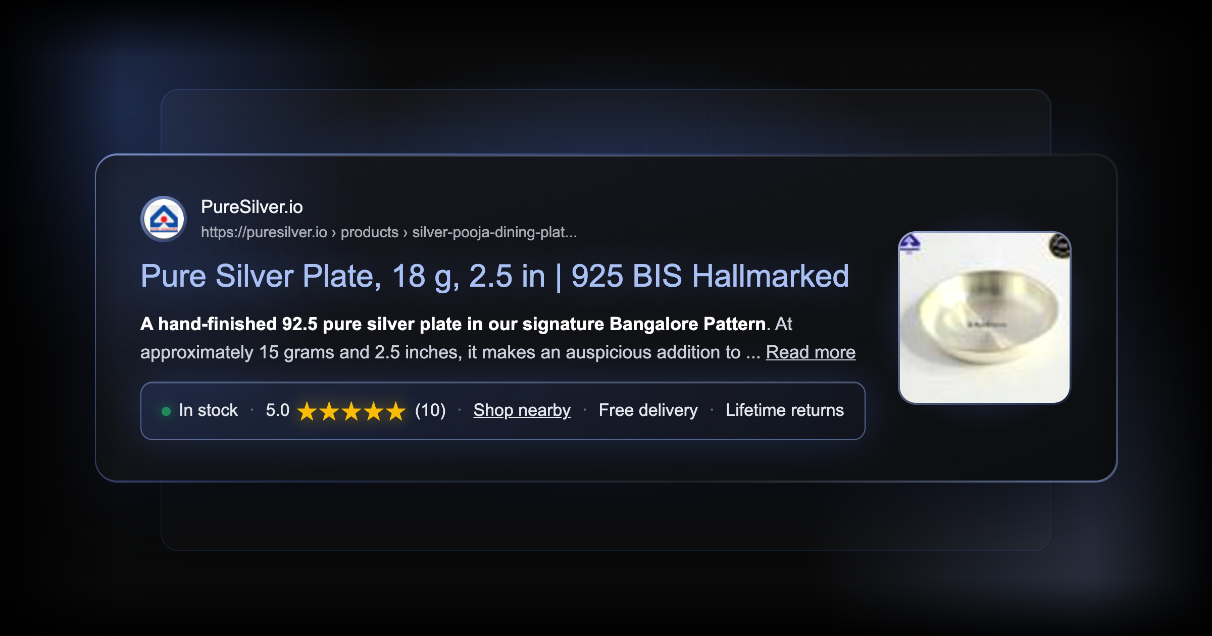 PureSilver.io silver catalog shown as Google rich results — Webrex SEO Schema case study