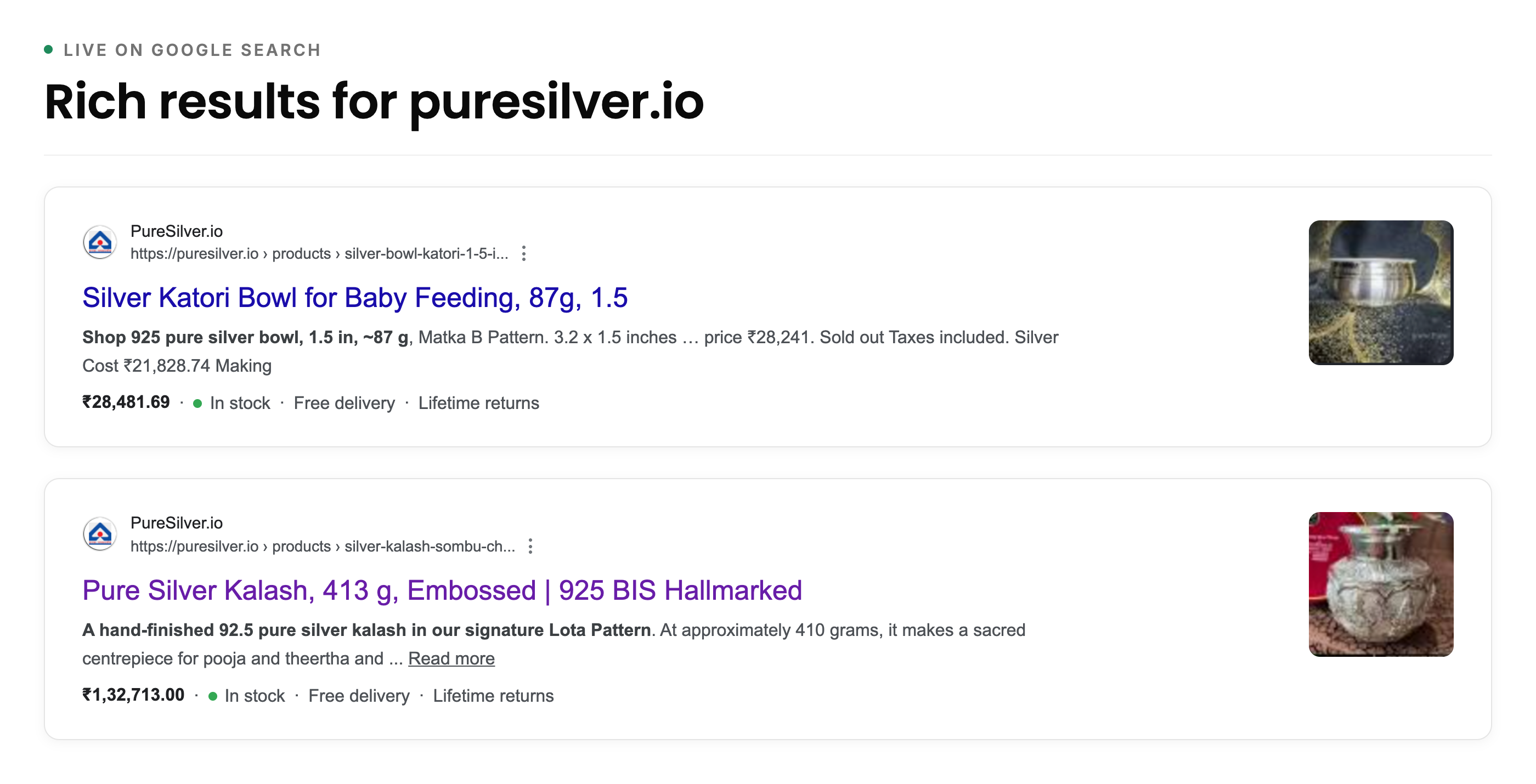 PureSilver.io product listings shown as Google rich results with image, price, availability, free delivery, and lifetime returns