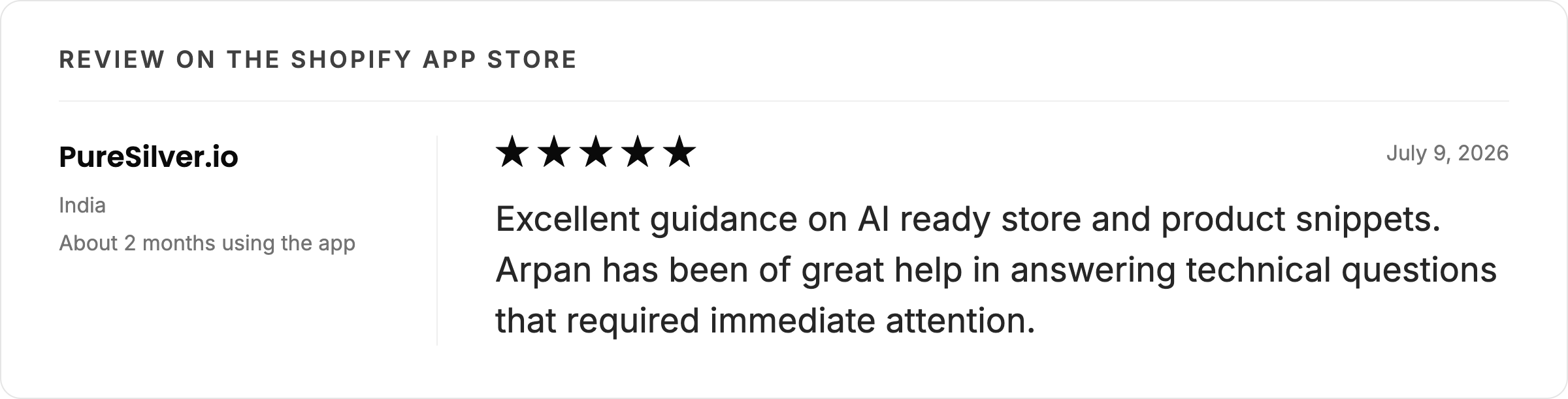 PureSilver.io five-star review of Webrex SEO Schema on the Shopify App Store