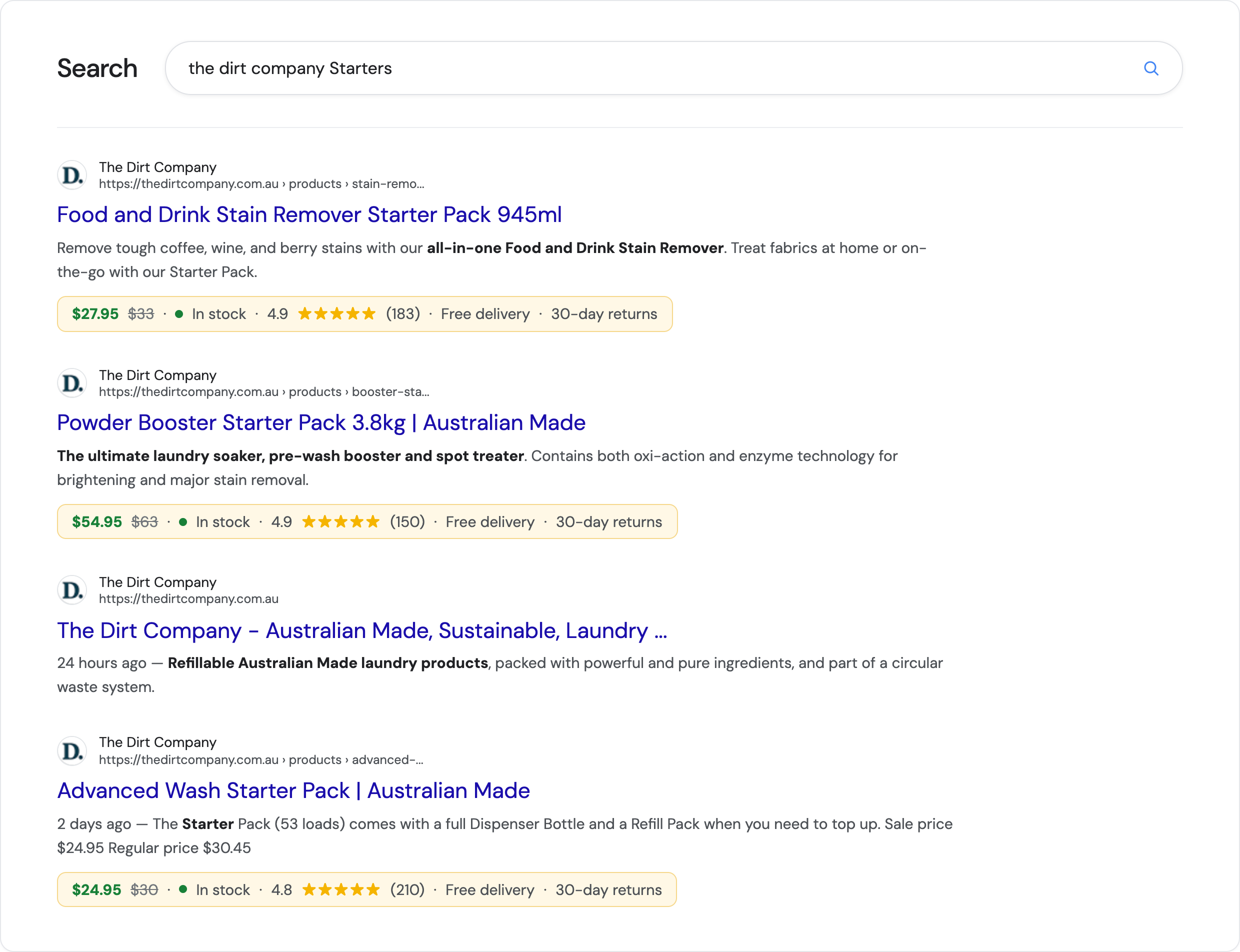 The Dirt Company product listing in Google Search showing star rating, price, free shipping, and 30-day returns as a rich result