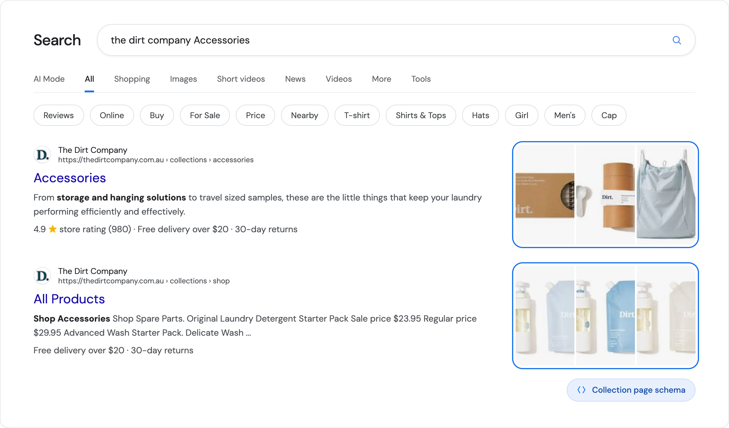The Dirt Company collection page shown with an image in Google Search results