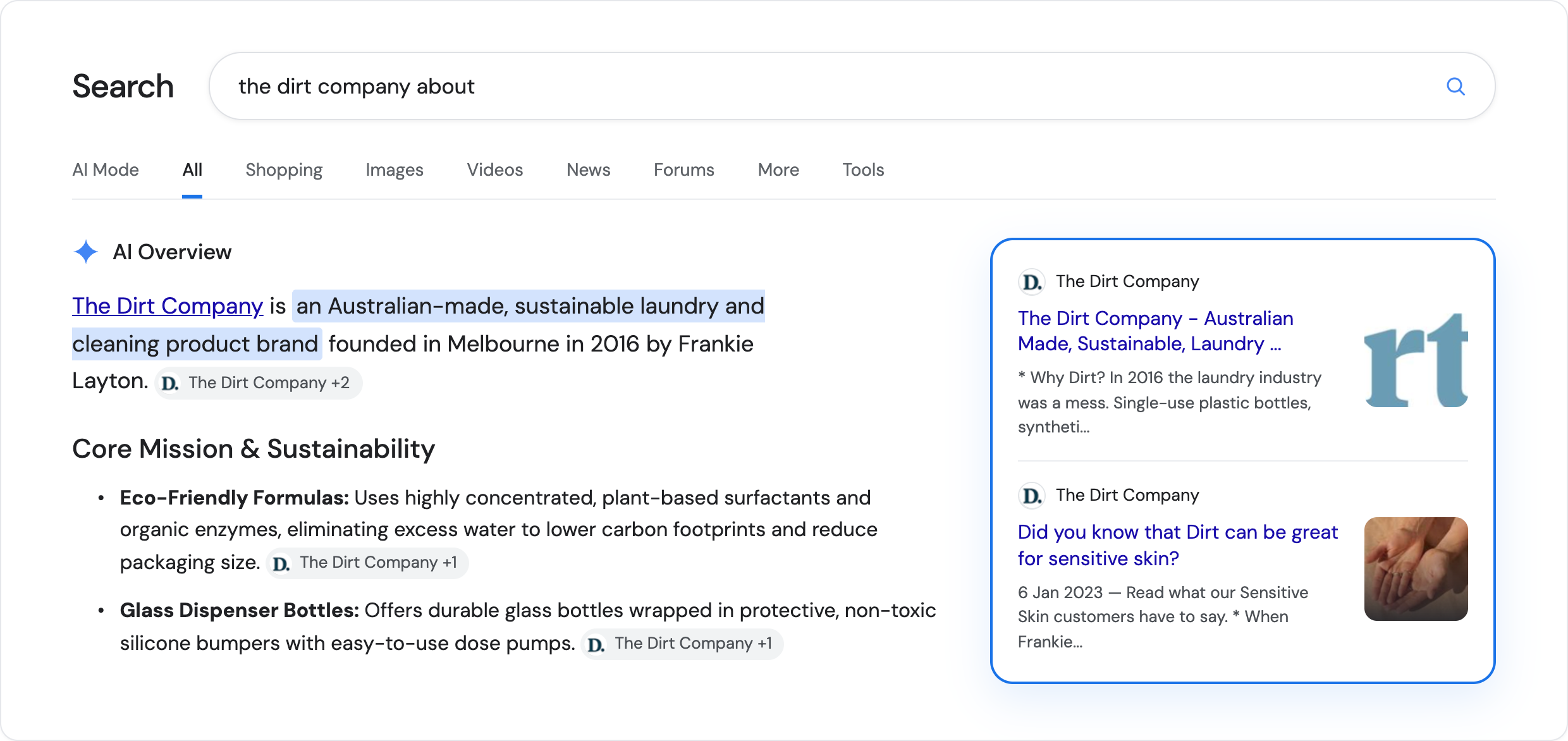 Google AI Overview citing The Dirt Company's About page