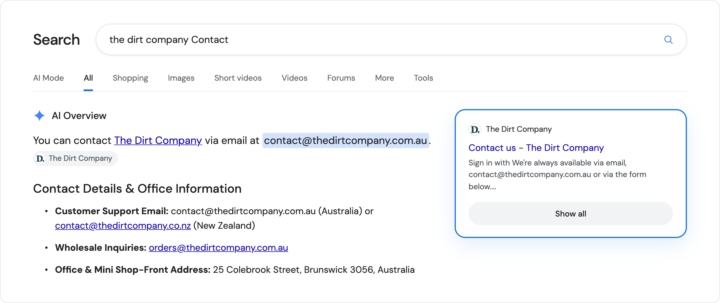 Google AI Overview citing The Dirt Company's Contact page
