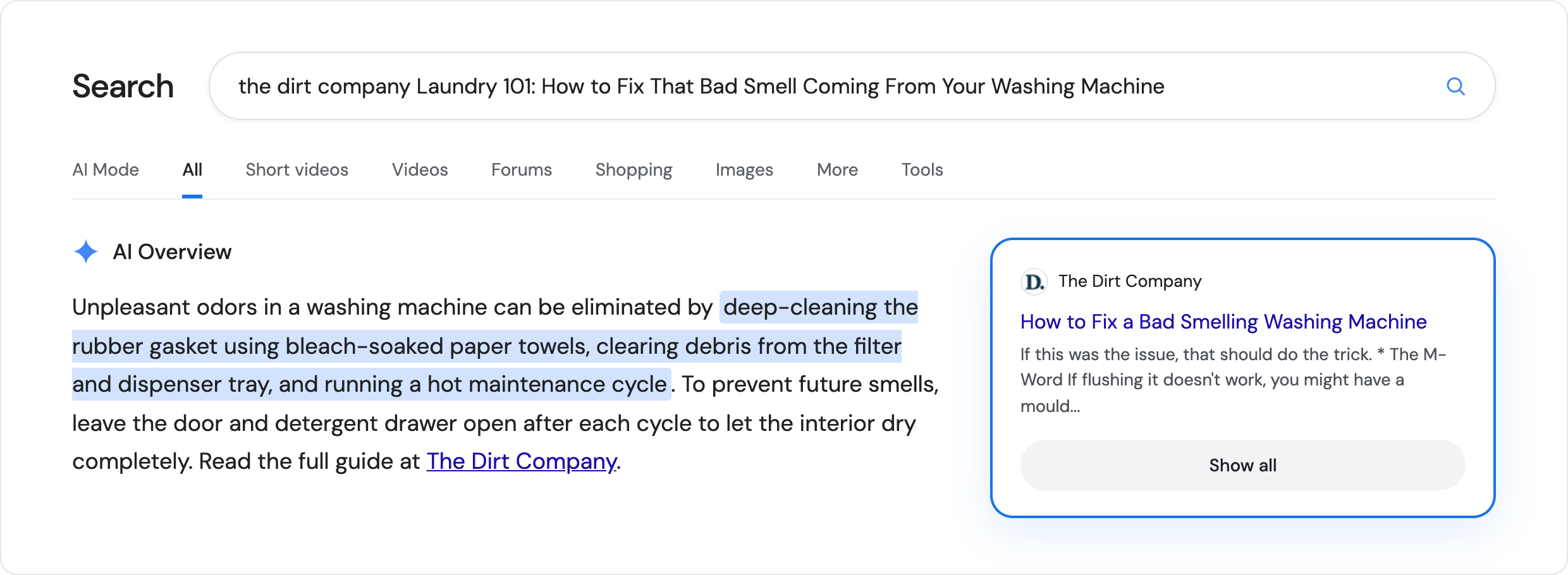 Google AI Overview citing a The Dirt Company blog article