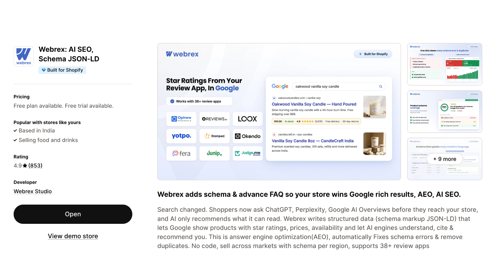 Webrex: AI SEO, Schema JSON-LD on the Shopify App Store