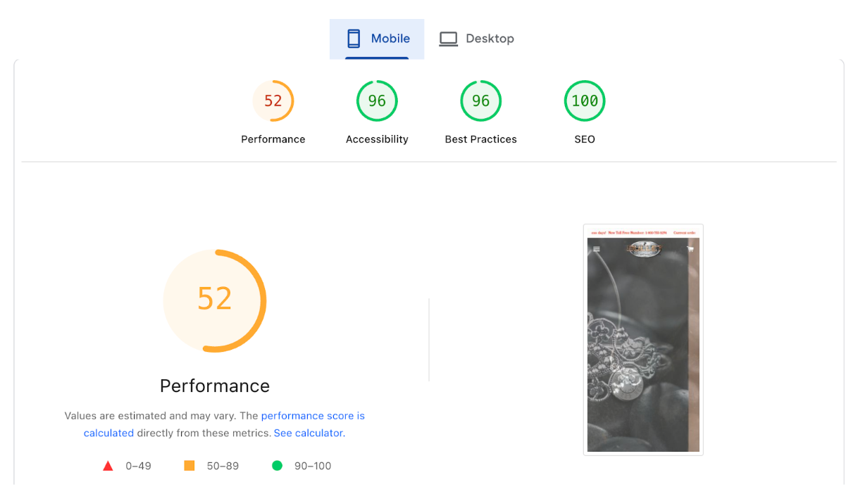 PageSpeed Insights baseline: Mobile performance score before optimization