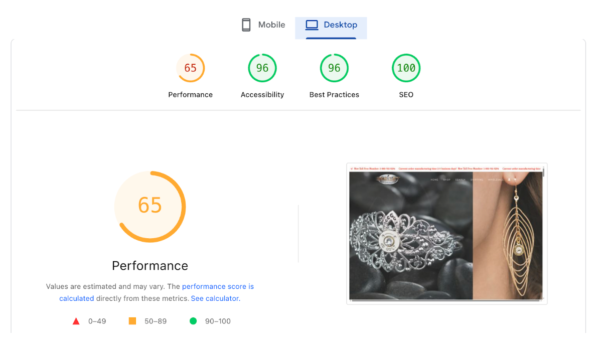 PageSpeed Insights baseline: Desktop performance score before optimization