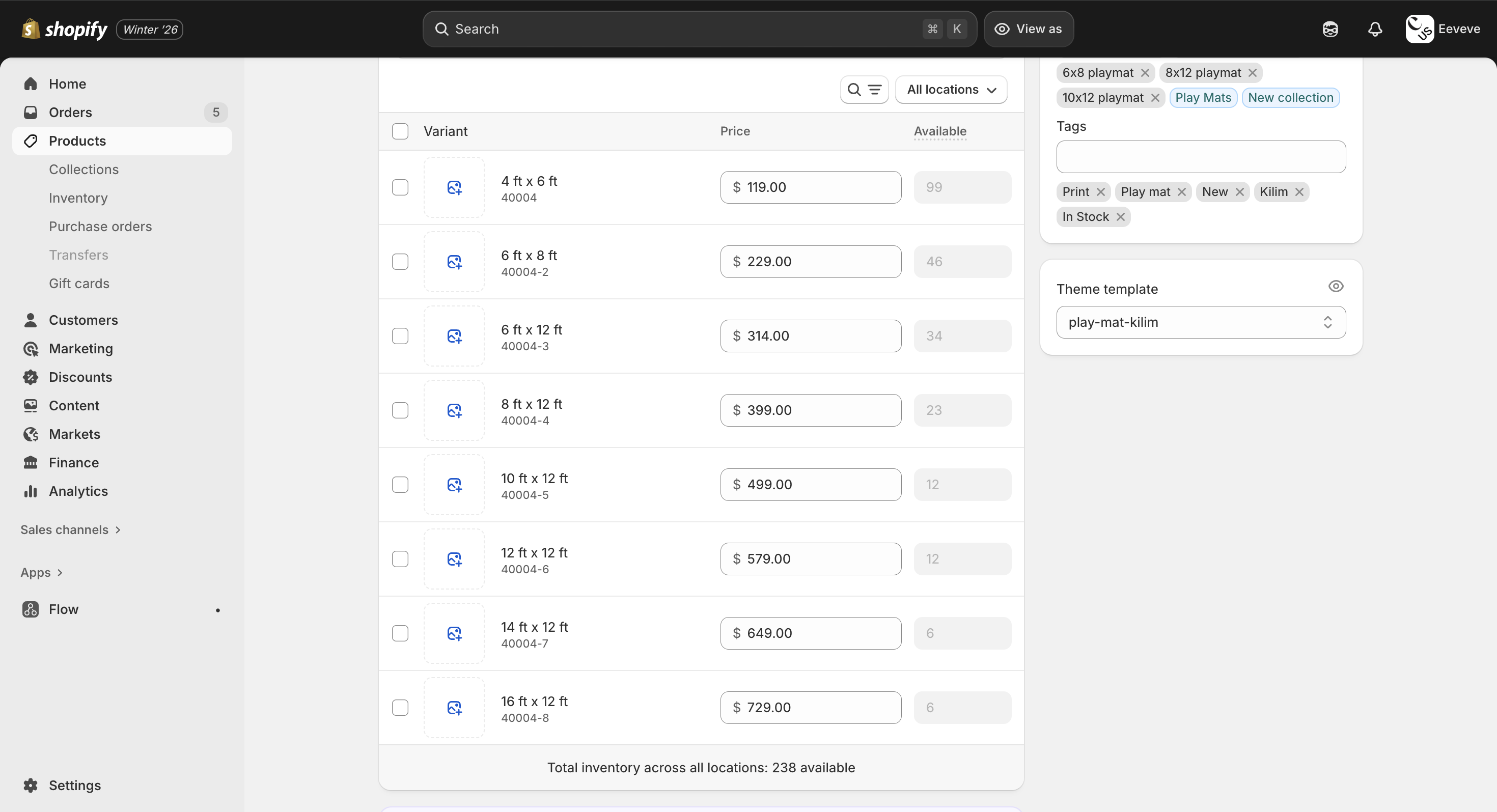 Shopify product variants showing independent inventory counts — before automation