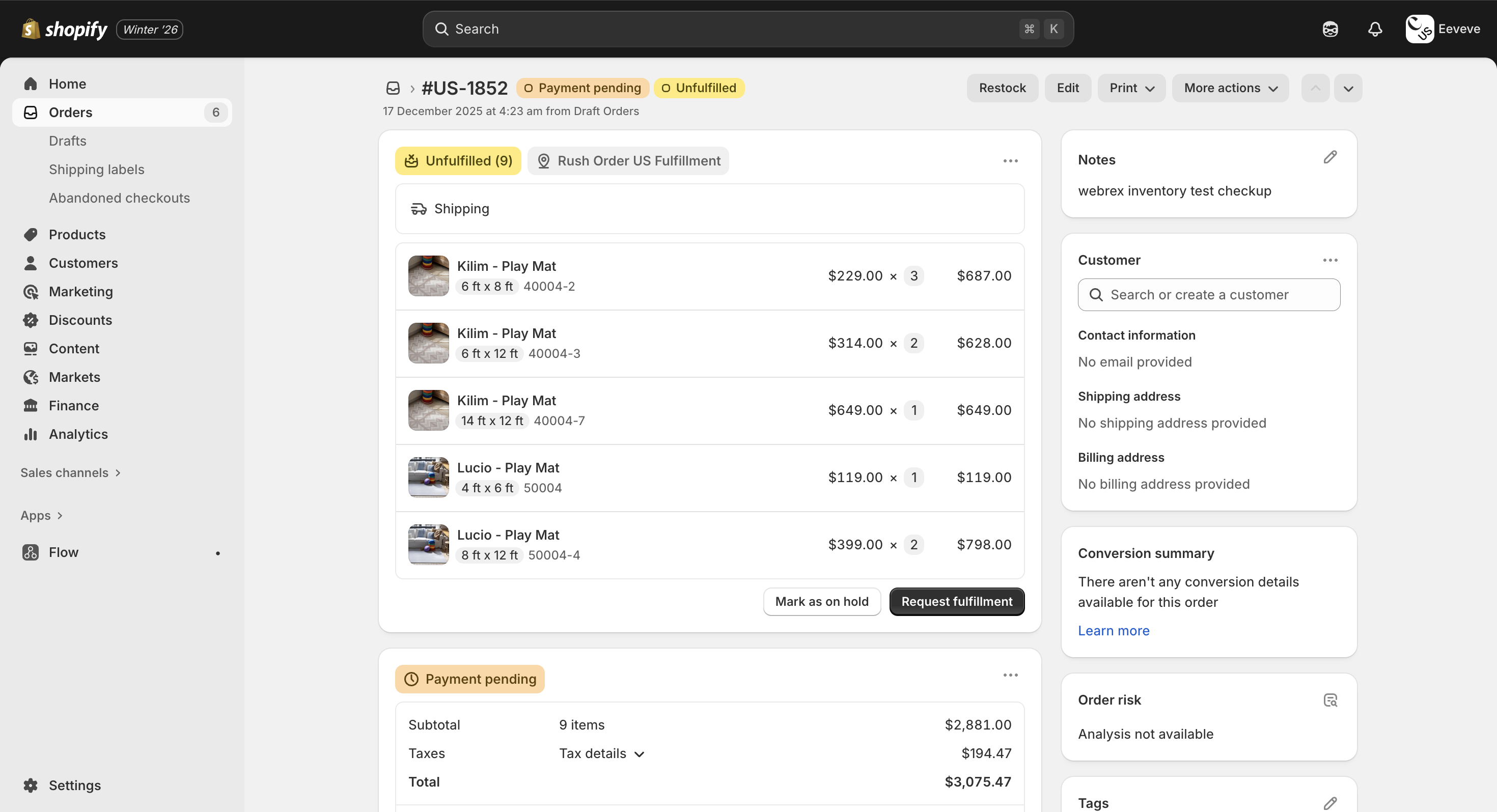 Shopify order showing multiple size variants in a single order