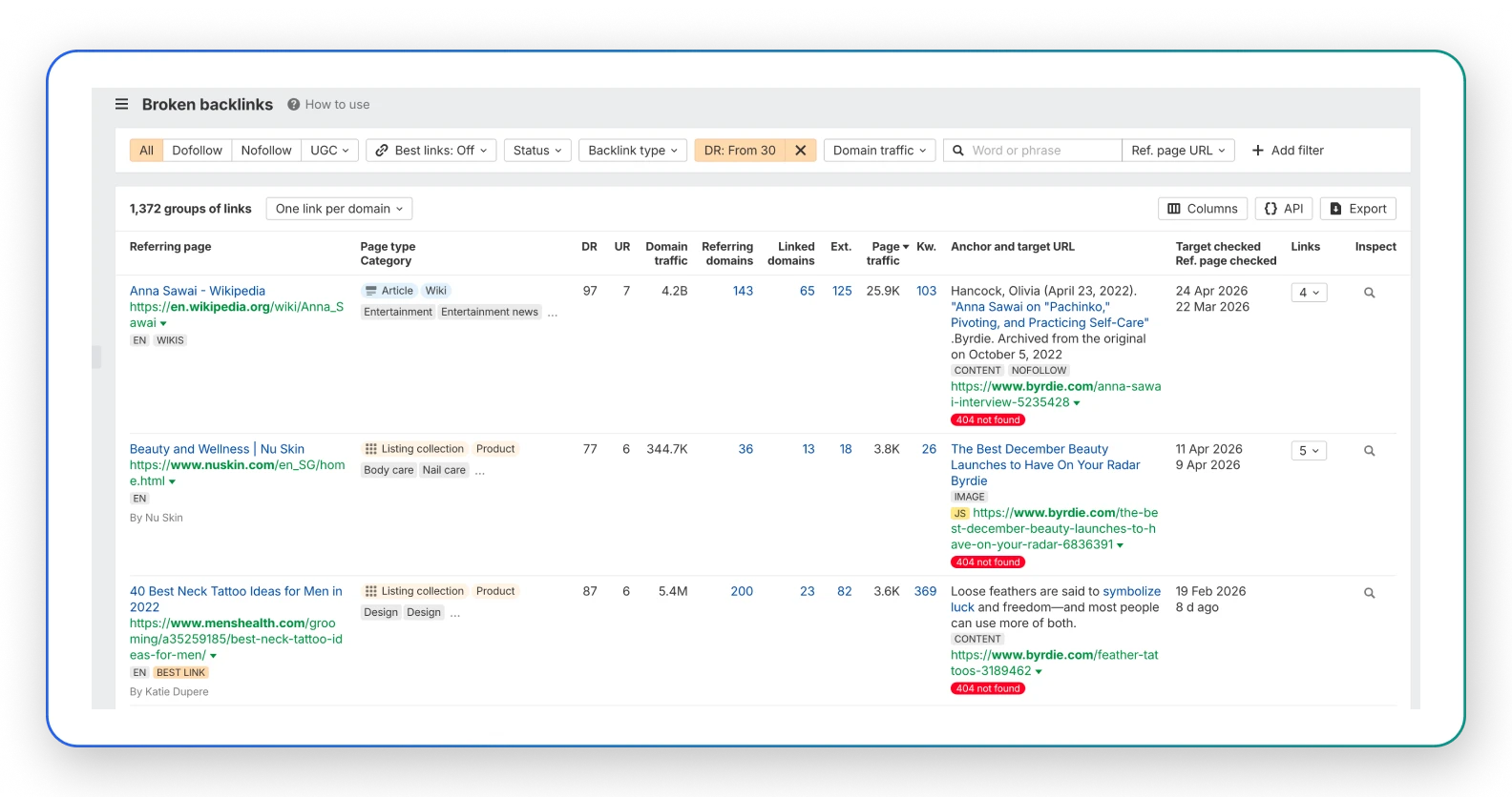 Ahrefs Best by Links filtered to 404, showing dead competitor pages with referring domain counts