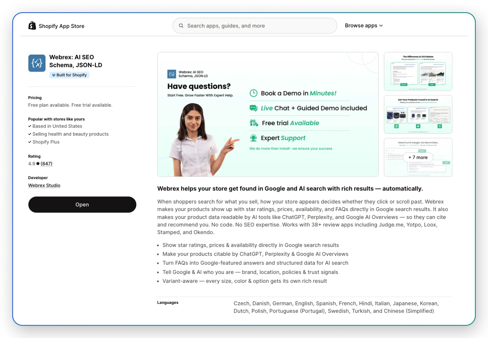 Webrex AI SEO Optimiser app banner — view on the Shopify App Store