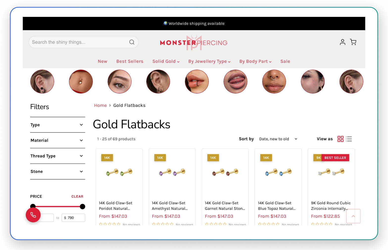 Monster Piercing Shopify storefront showing a collection page with product grid and filter sidebar