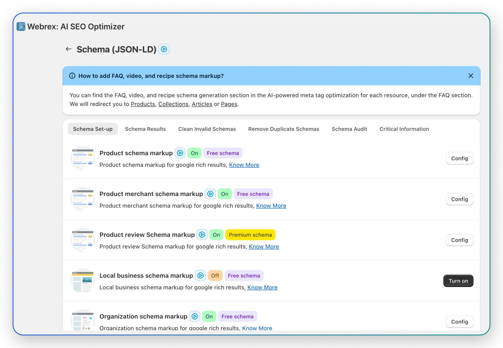Webrex AI SEO Optimiser schema configuration screen