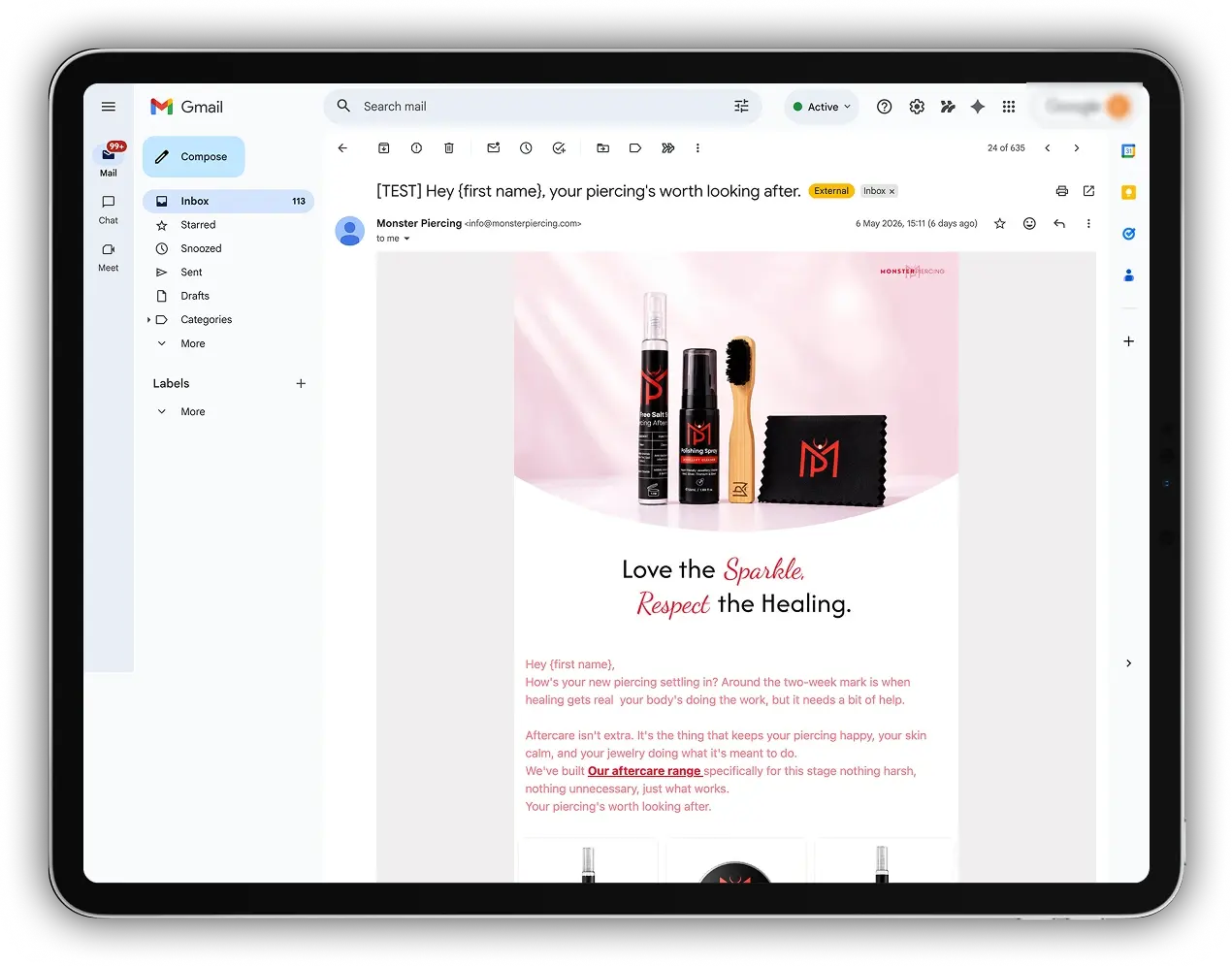 Redesigned Monster Piercing email banner — desktop view