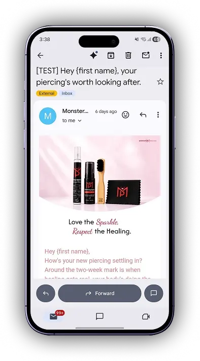 Redesigned Monster Piercing email banner — mobile view