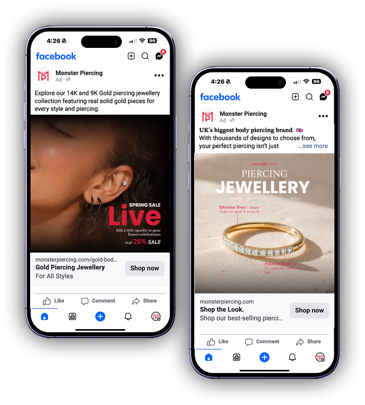 Three redesigned Monster Piercing Meta ads shown together — single-product focus, clear hierarchy per frame, no competing elements