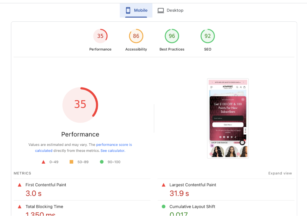 PageSpeed Insights baseline: Mobile performance score before optimization